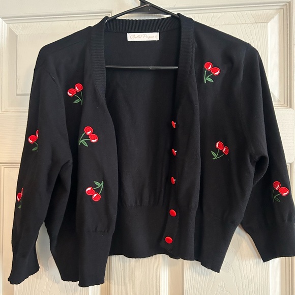 belle poque Sweaters - Cherry Embroidered Black Sweater